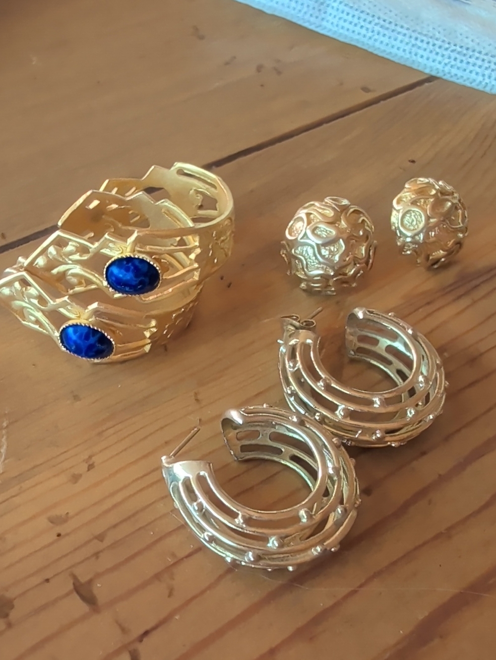 Vintage Earring Bundle Gold Hoop and Cuff Earring Set with Blue Stone